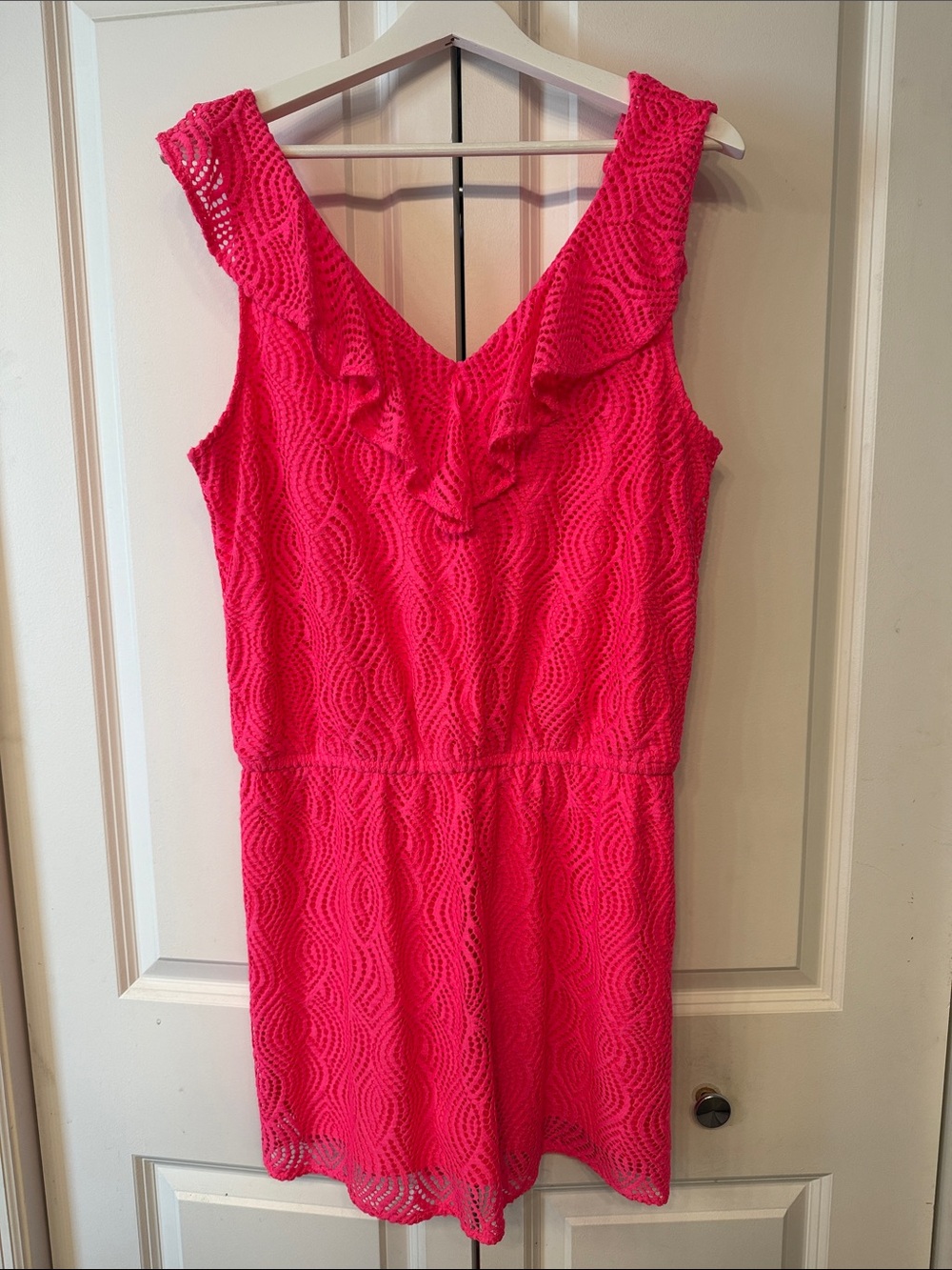 Lilly Pulitzer Hot Pink Lace Ruffle V-Neck Mini Dress
